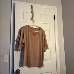 Taupe V-Neck Short Sleeve Ruffle Top